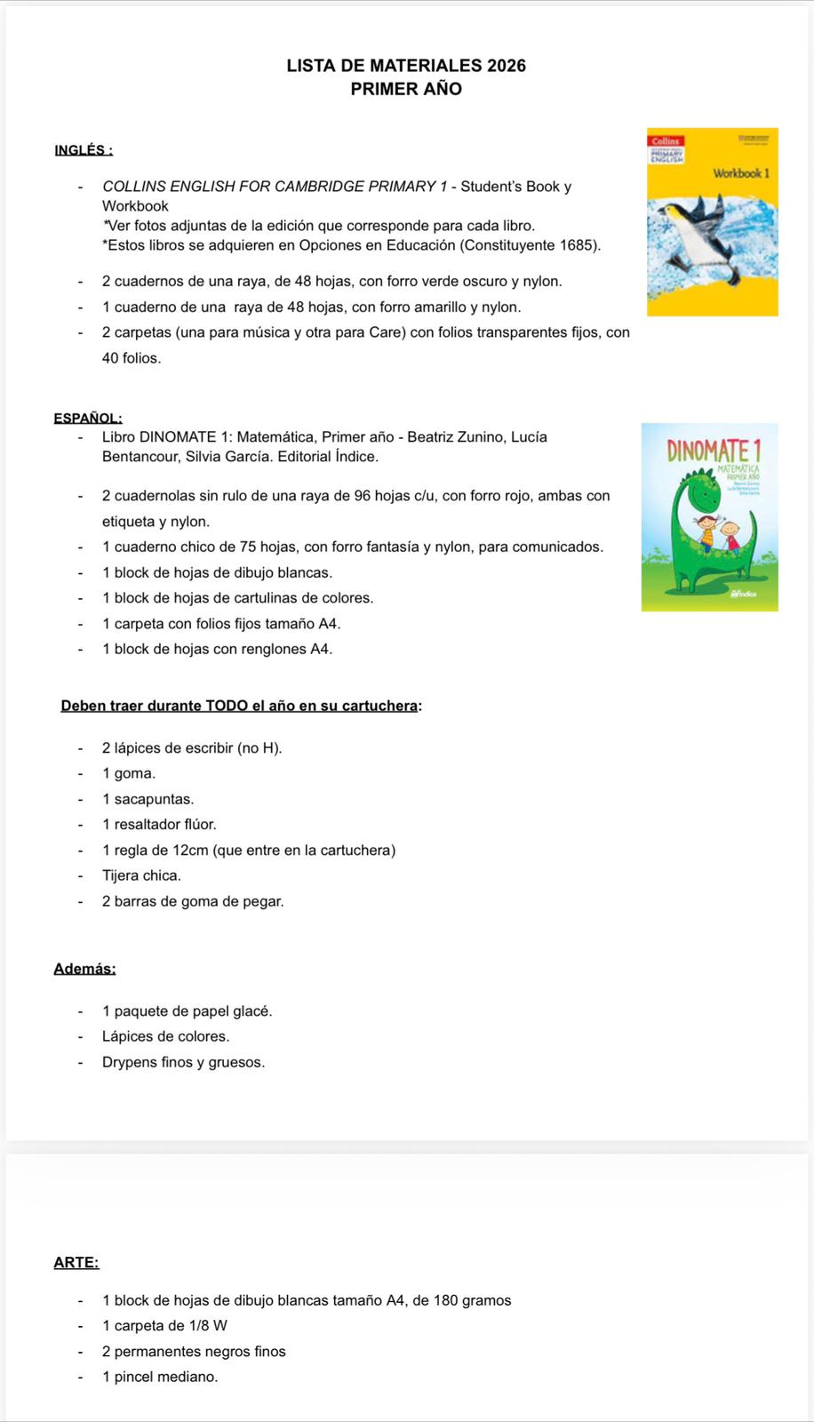 Lista Completa Colegio Ivy Thomas Horneros 1º año 2026