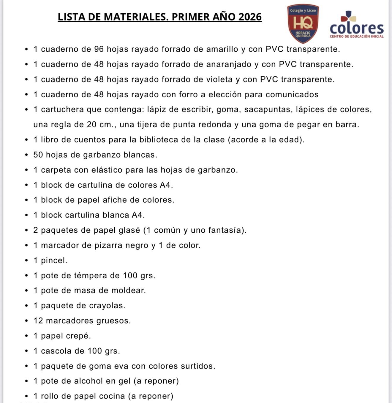 Lista Completa Colegio Horacio Quiroga 1ºaño 2026