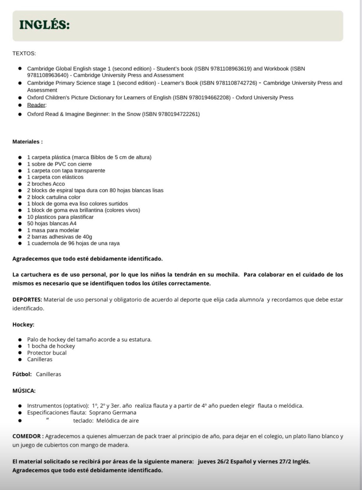 Lista de Materiales Completa para el Colegio St. Joseph Mary Form 1 año 2026