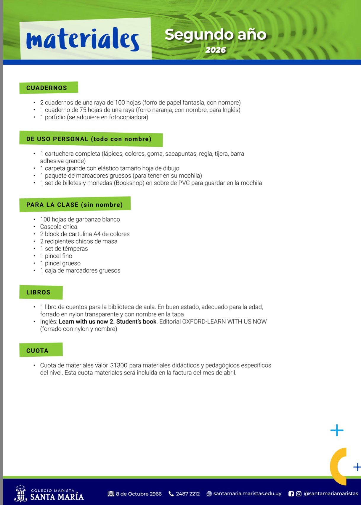 Lista Completa Colegio Maristas 2º año 2026