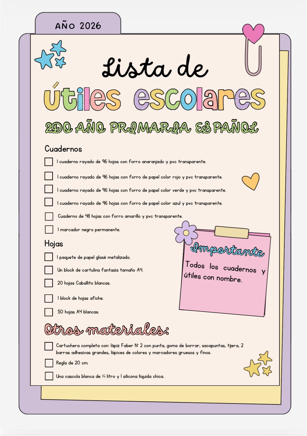 Lista de Materiales Completa para el Colegio Richard Anderson, 2º Año Español, plàstica y Study Hall
