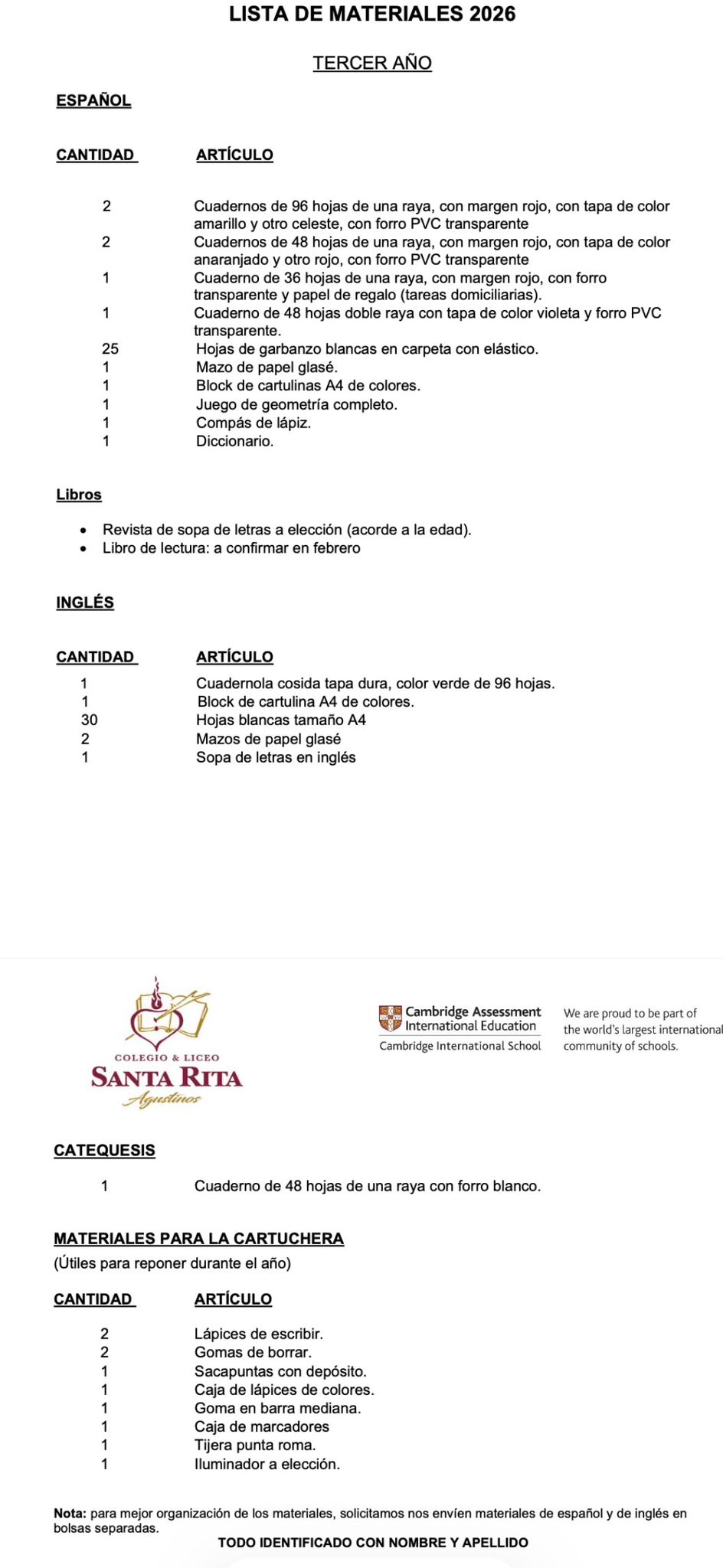 Lista de Materiales Completa para el Colegio Santa Rita, 3º Año Primaria.