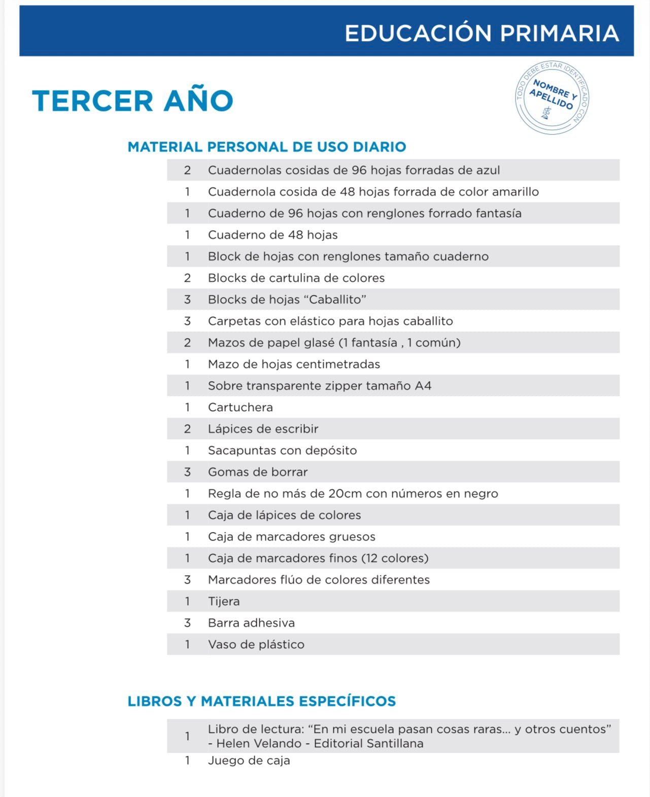 Lista Completa Colegio La Mennais 3ºaño 2026