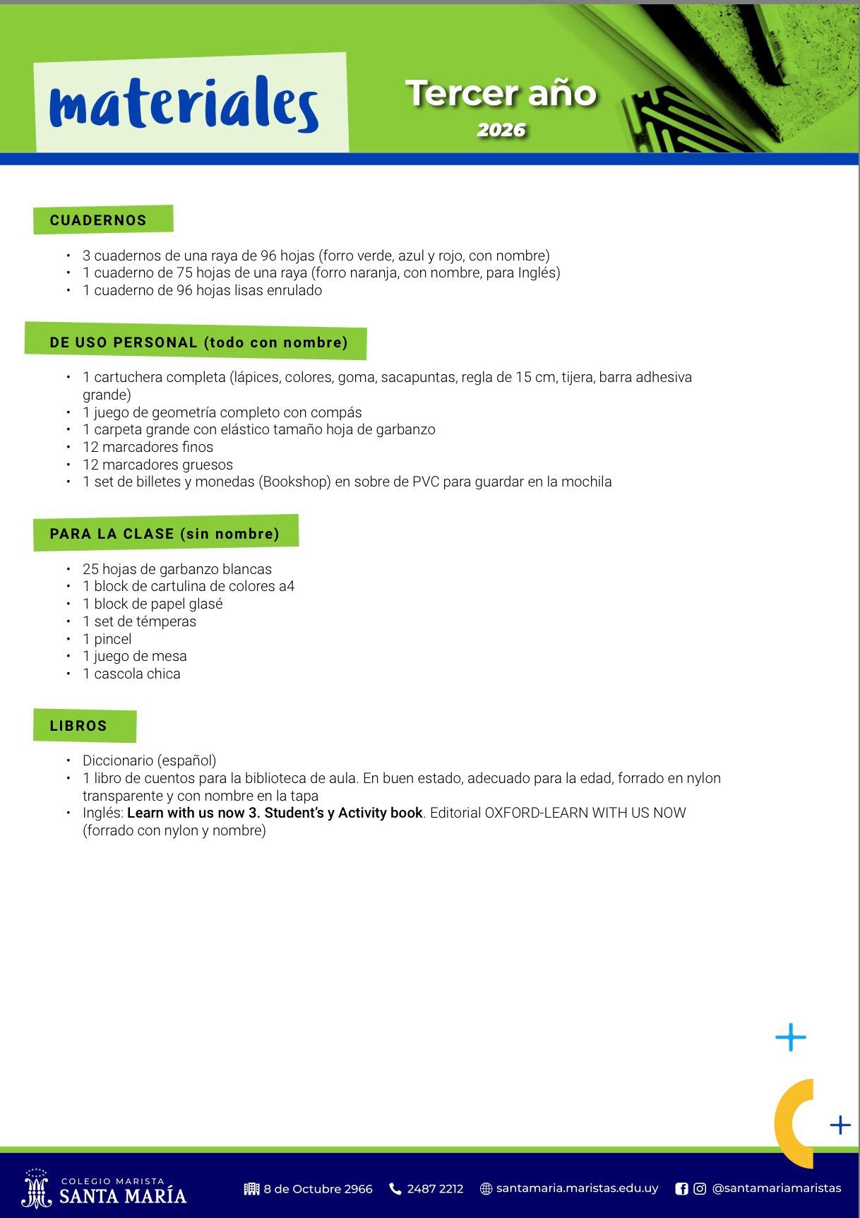 Lista Completa Colegio Maristas 3º año 2026