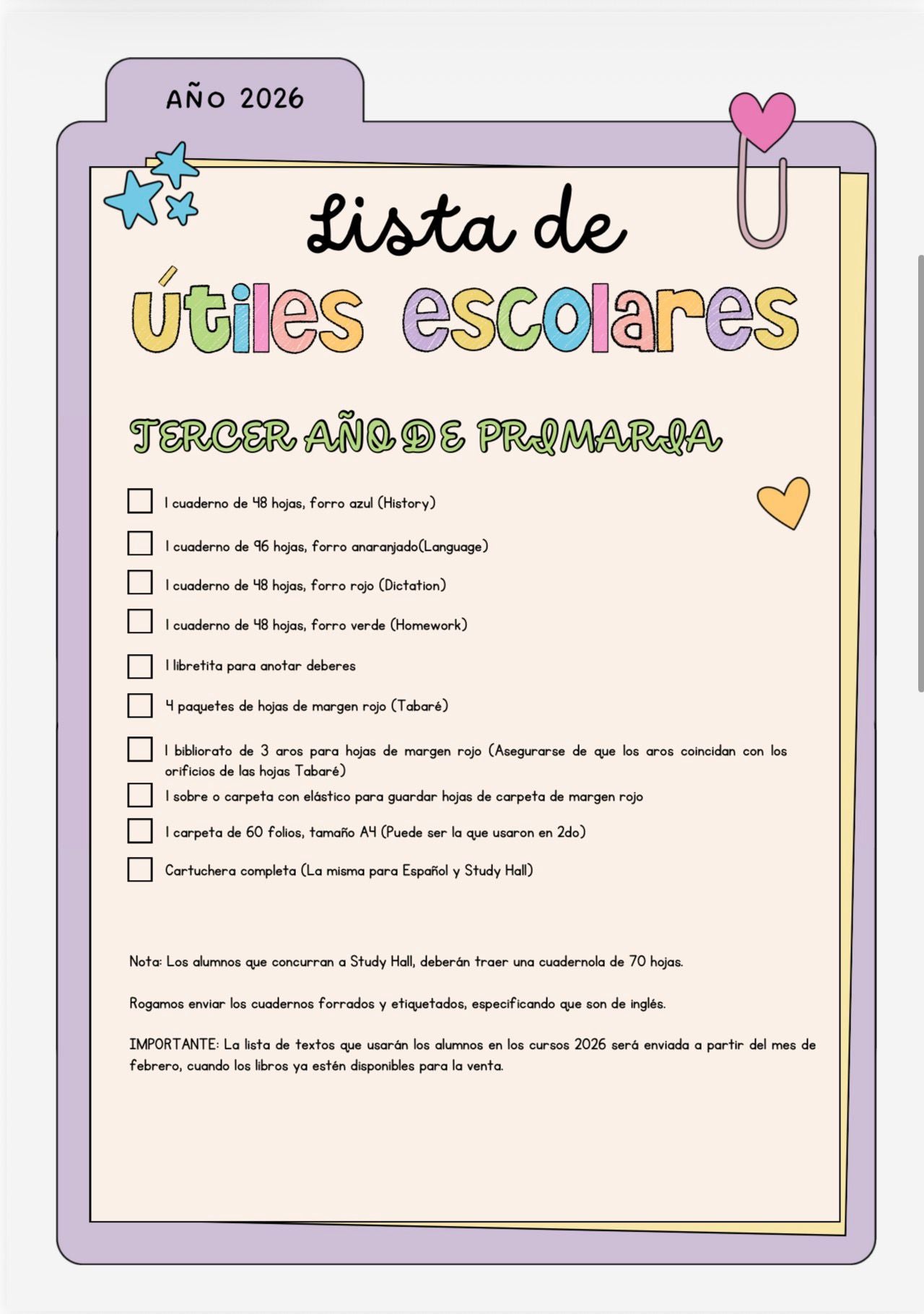 Lista de Materiales Completa para el Colegio Richard Anderson, 3º Año Inglés y Study Hall