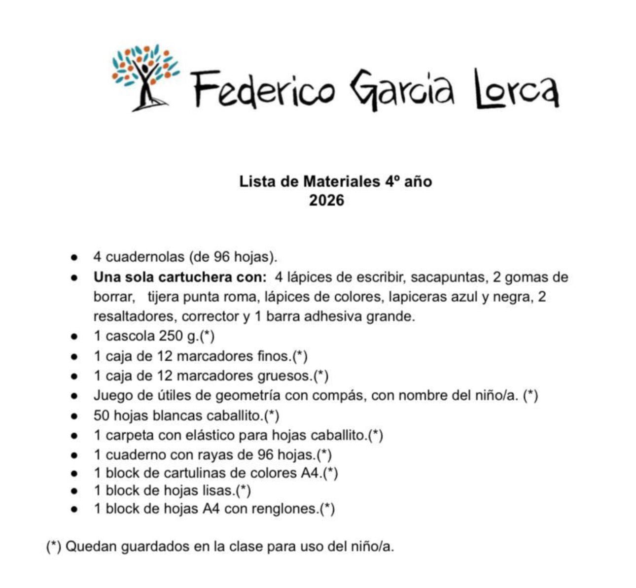 Lista Completa Colegio Federico García Lorca 4º año 2026