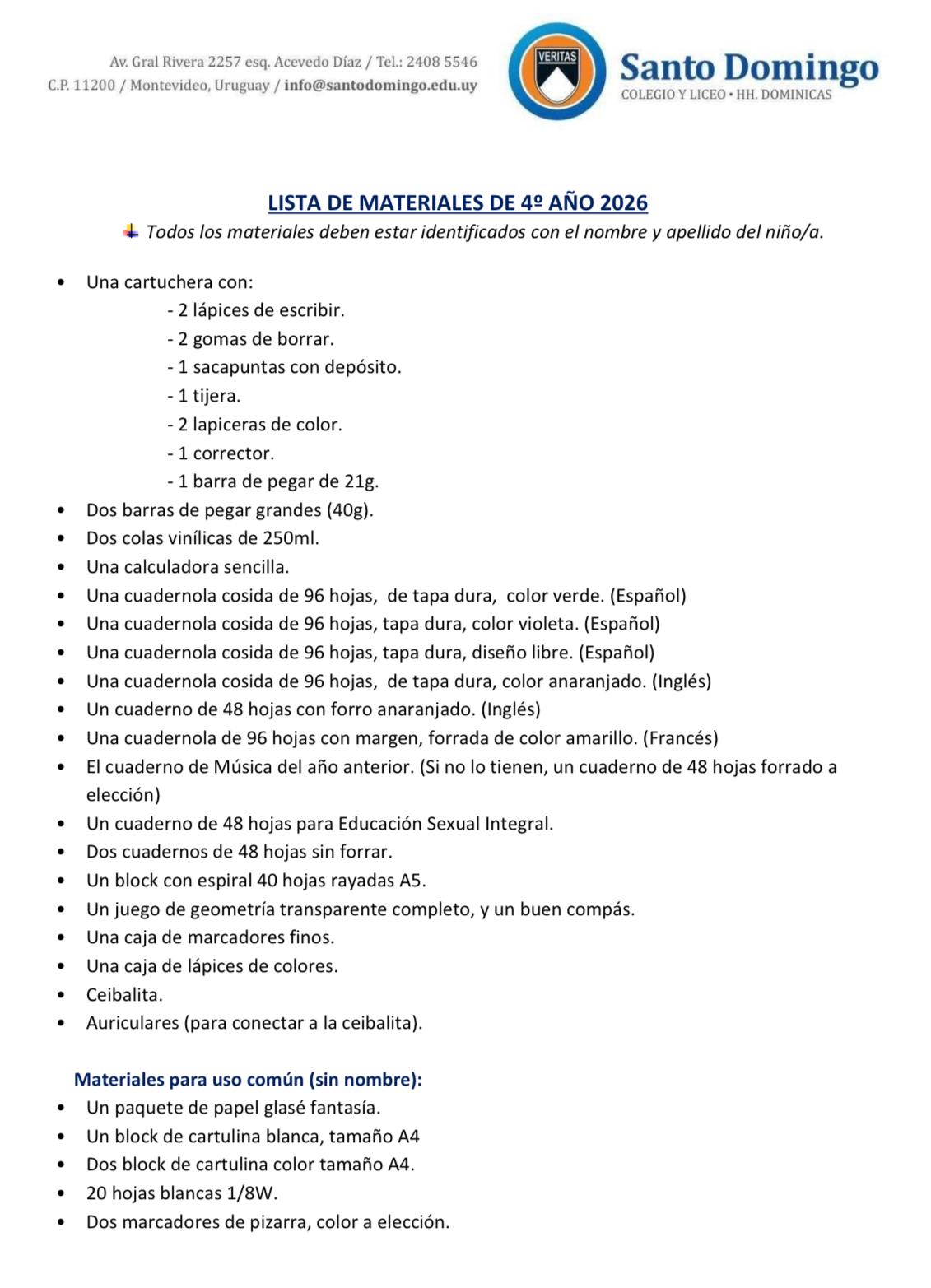 Lista Completa Colegio Santo Domingo 4º año 2026