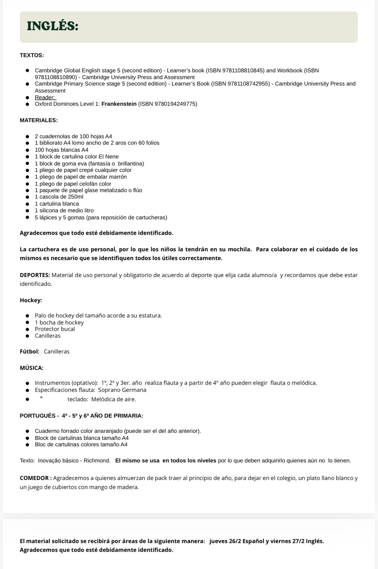 Lista de Materiales Completa para el Colegio St. Joseph Mary Form 5 y Portugués año 2026