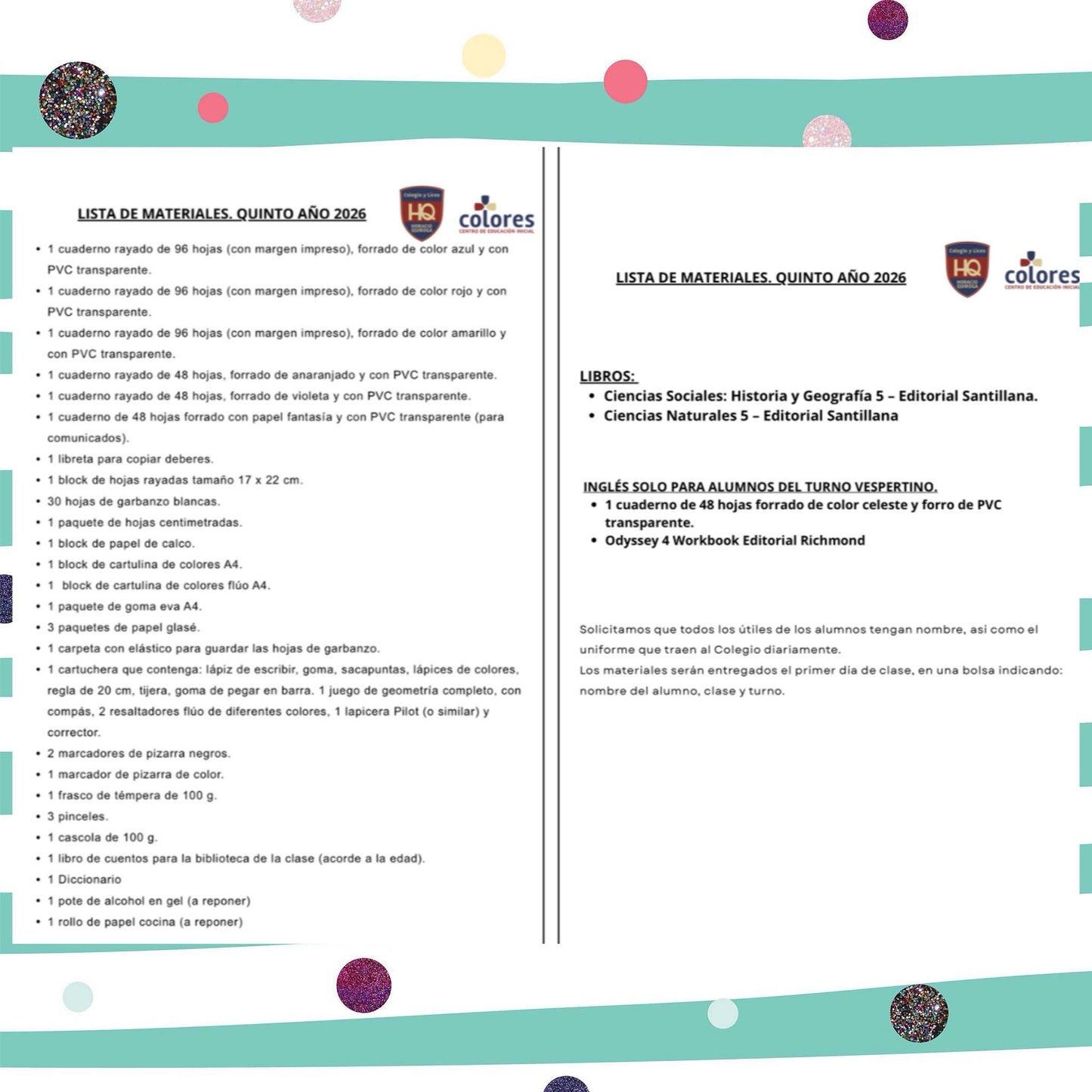 Lista Completa Colegio Horacio Quiroga 5º Español e Inglés 2026