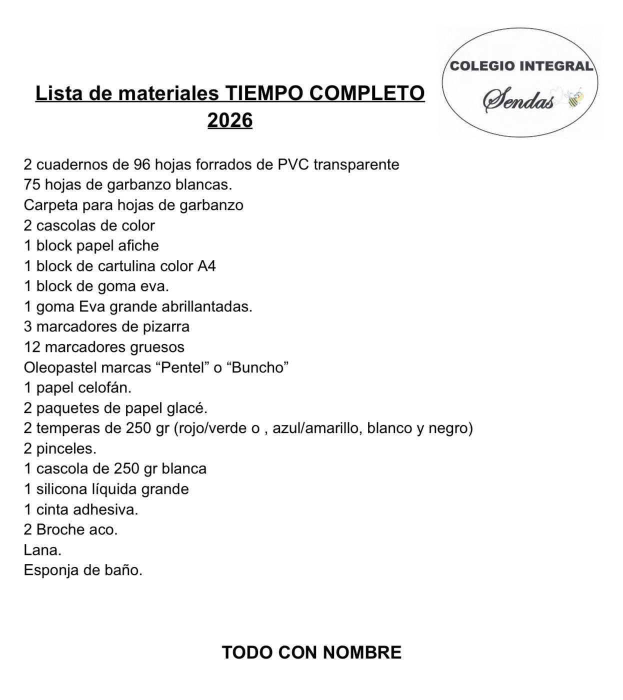Lista Completa Colegio Sendas 6º año Tiempo Completo 2026
