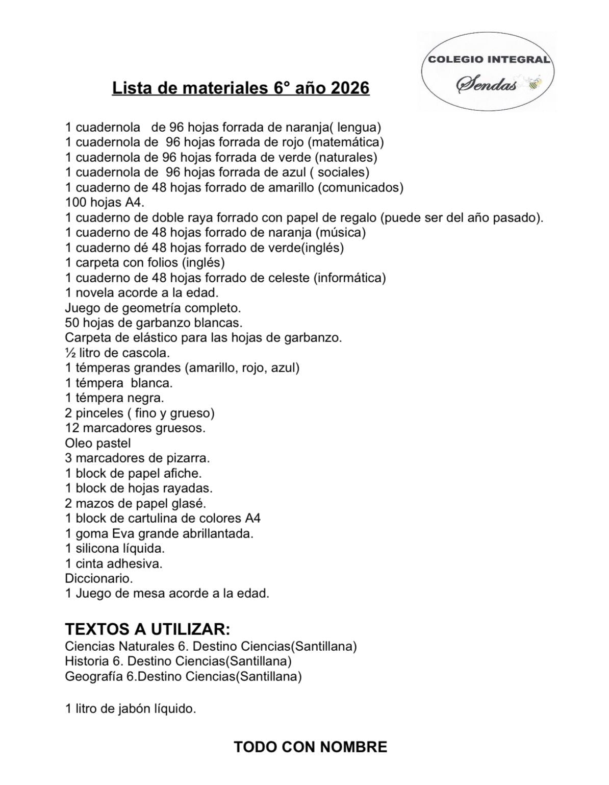 Lista Completa Colegio Sendas 6º año 2026