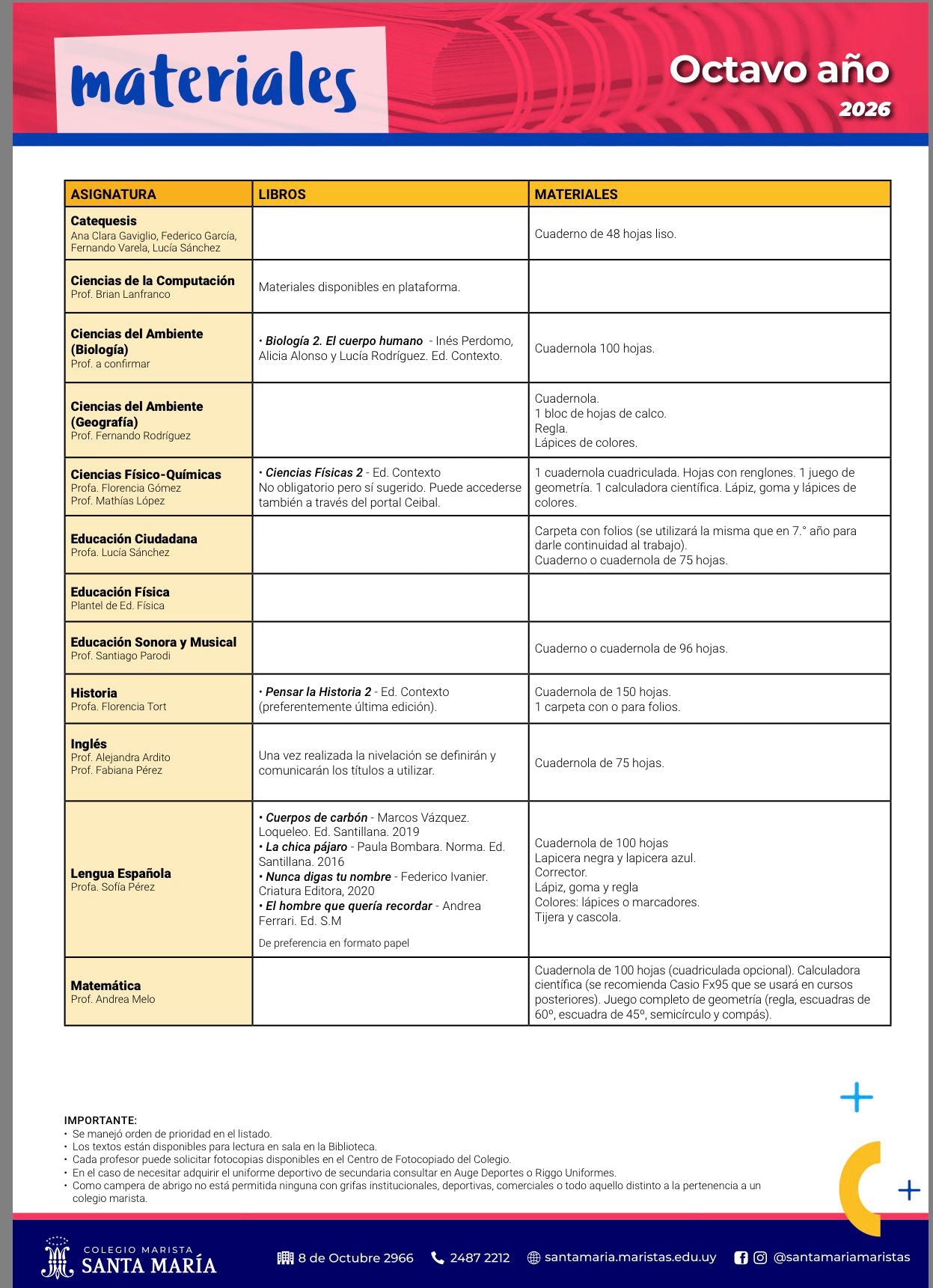 Lista Completa Colegio Maristas 8º año 2026