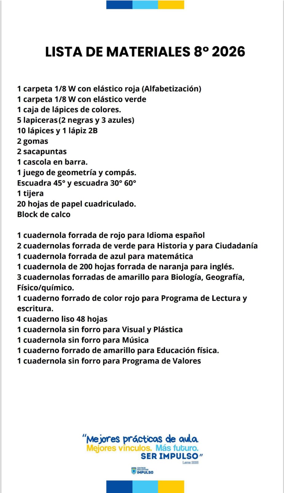 Lista de Materiales Completa para el Centro Impulso 8º año 2026