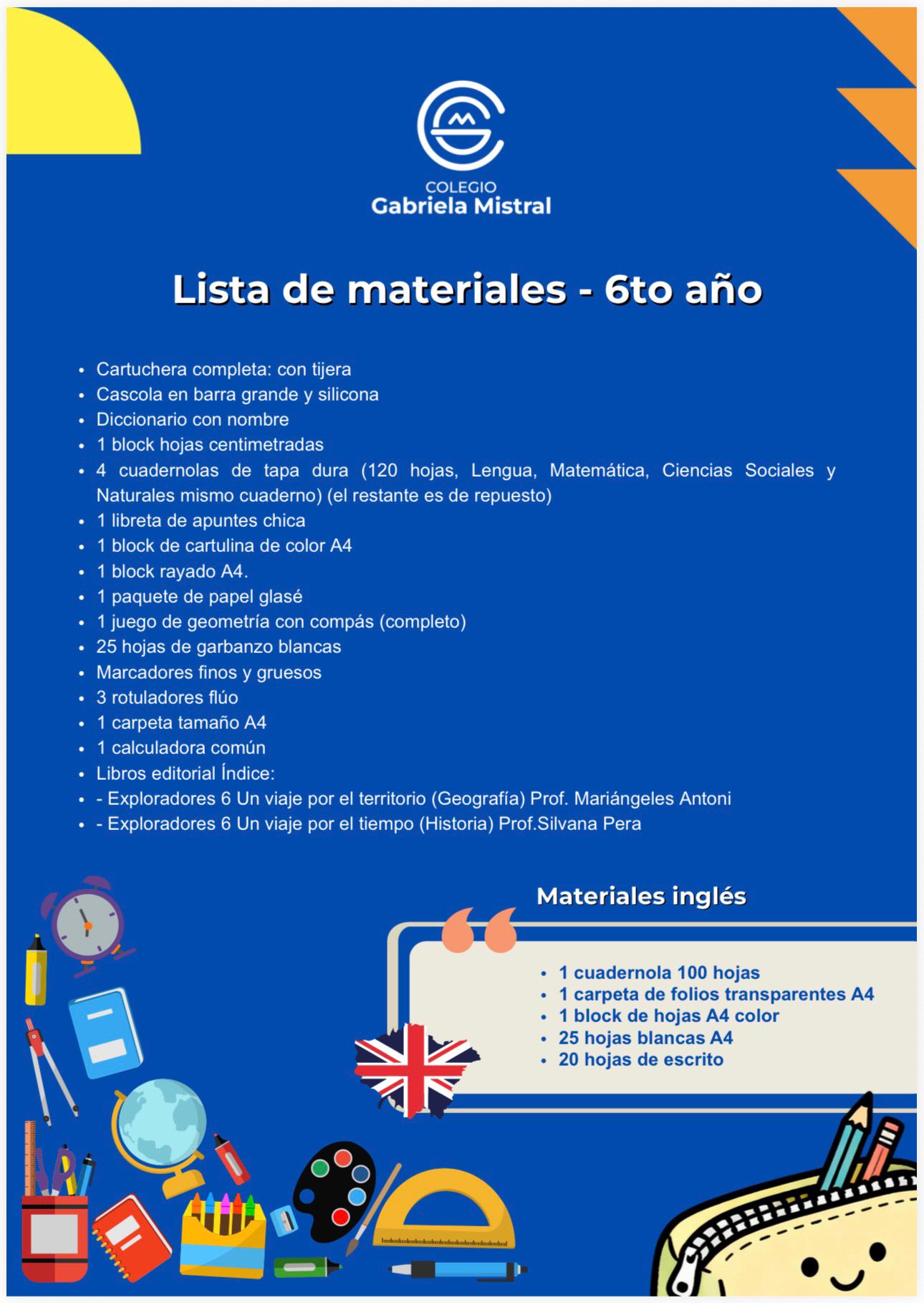 Lista de Materiales Completa para el Colegio Gabriela Mistral 6º año 2026