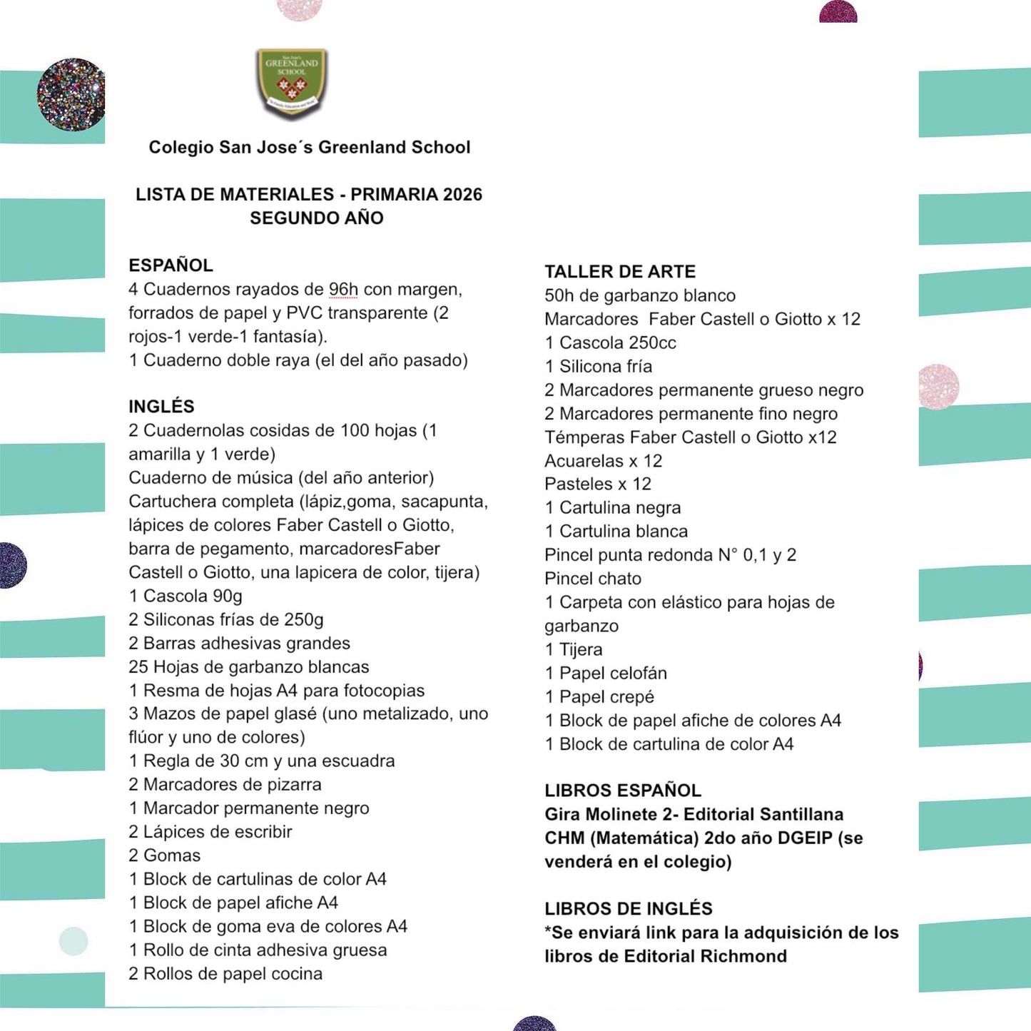 Lista de Materiales Completa para el Colegio Greenland Español, Inglés y Taller 2º año 2026