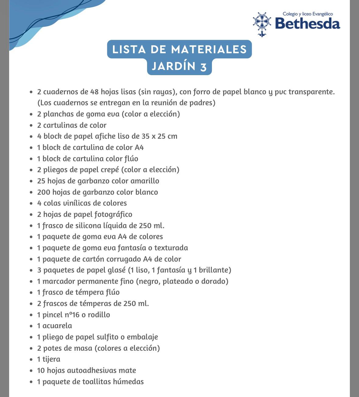 Lista Completa Colegio Bethesda Nivel 3 año 2026