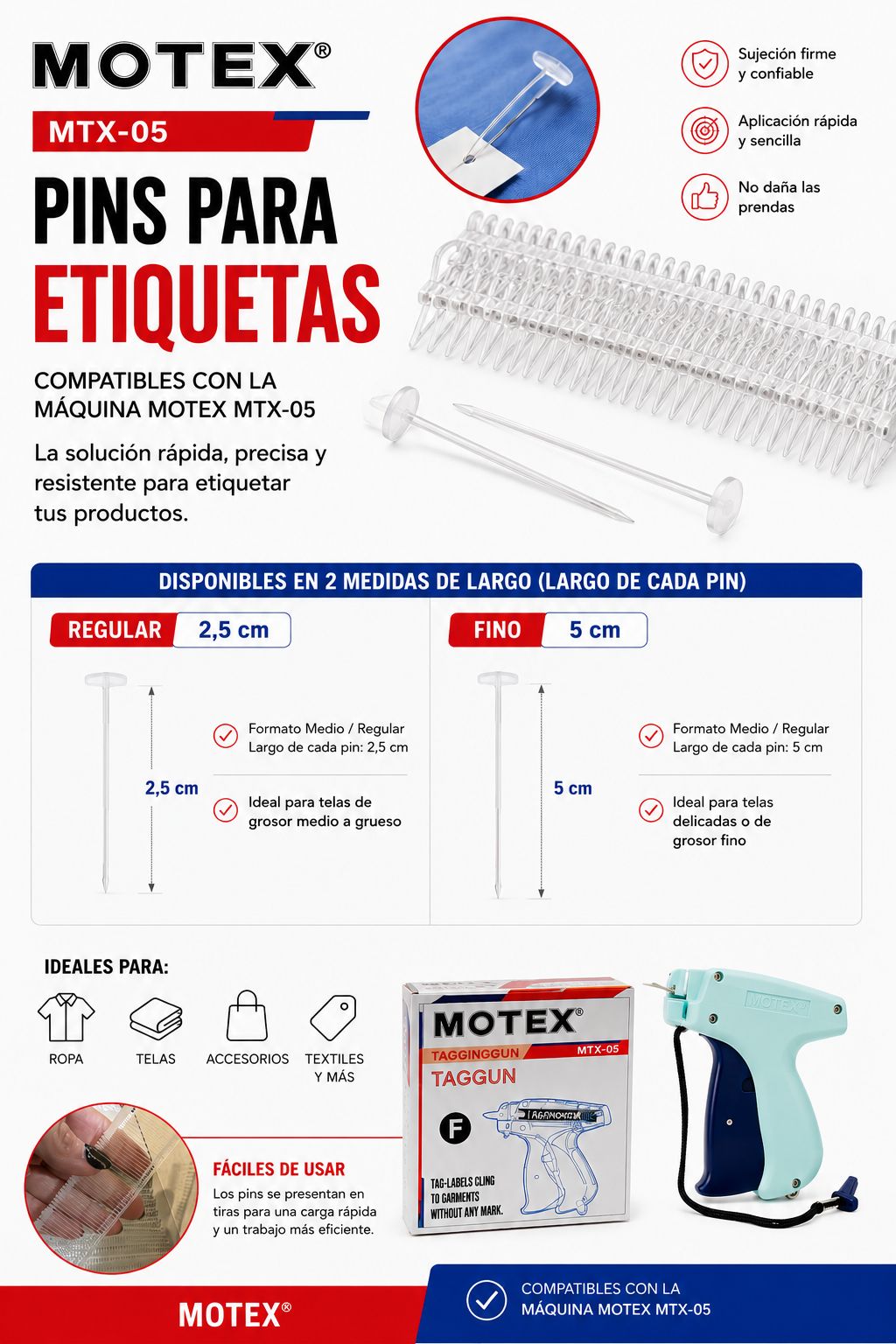 Pins Para Ropa, para colocar con Máquina Motex