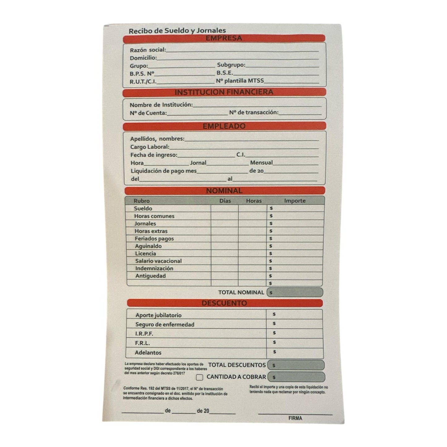 Libreta de Recibos de Sueldos y Jornales