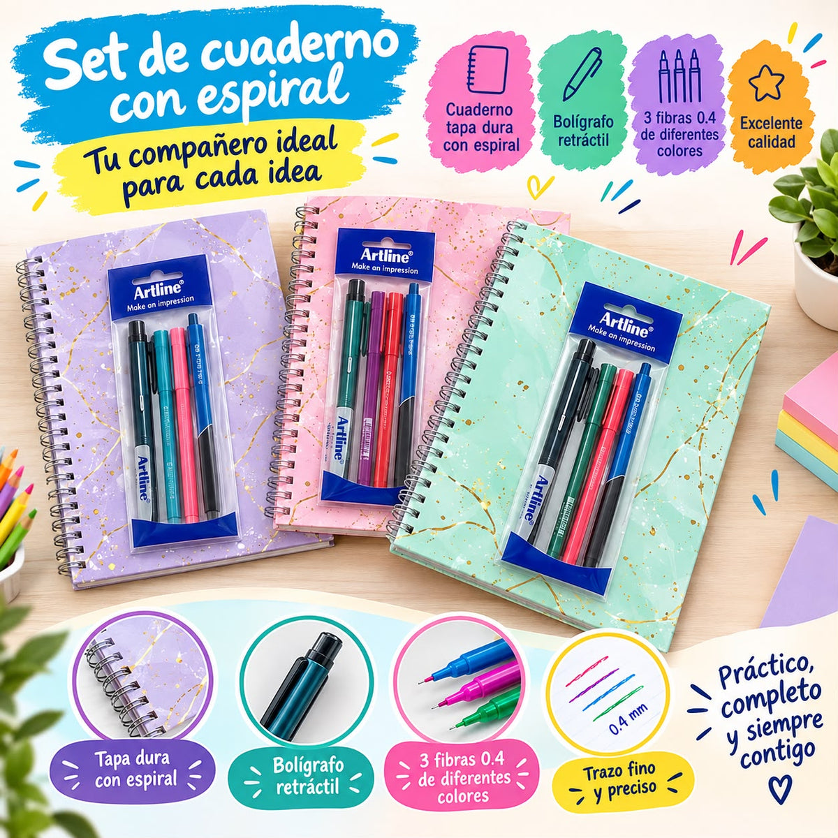 Set de Cuaderno con Espiral + Bolígrafo retráctil + 3 Fibras 0.4m