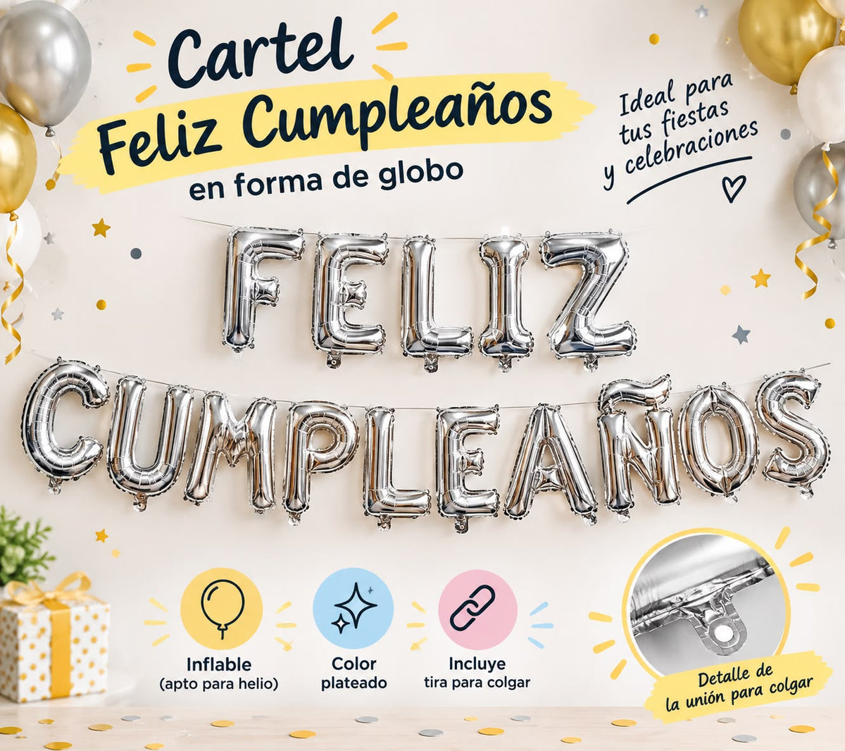 Cartel Feliz Cumpleaños Inflable en Color Plateado
