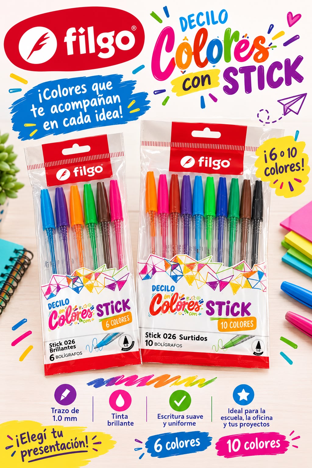 Bolígrafo Filgo Stick 1.0 de 6 o 10 Colores