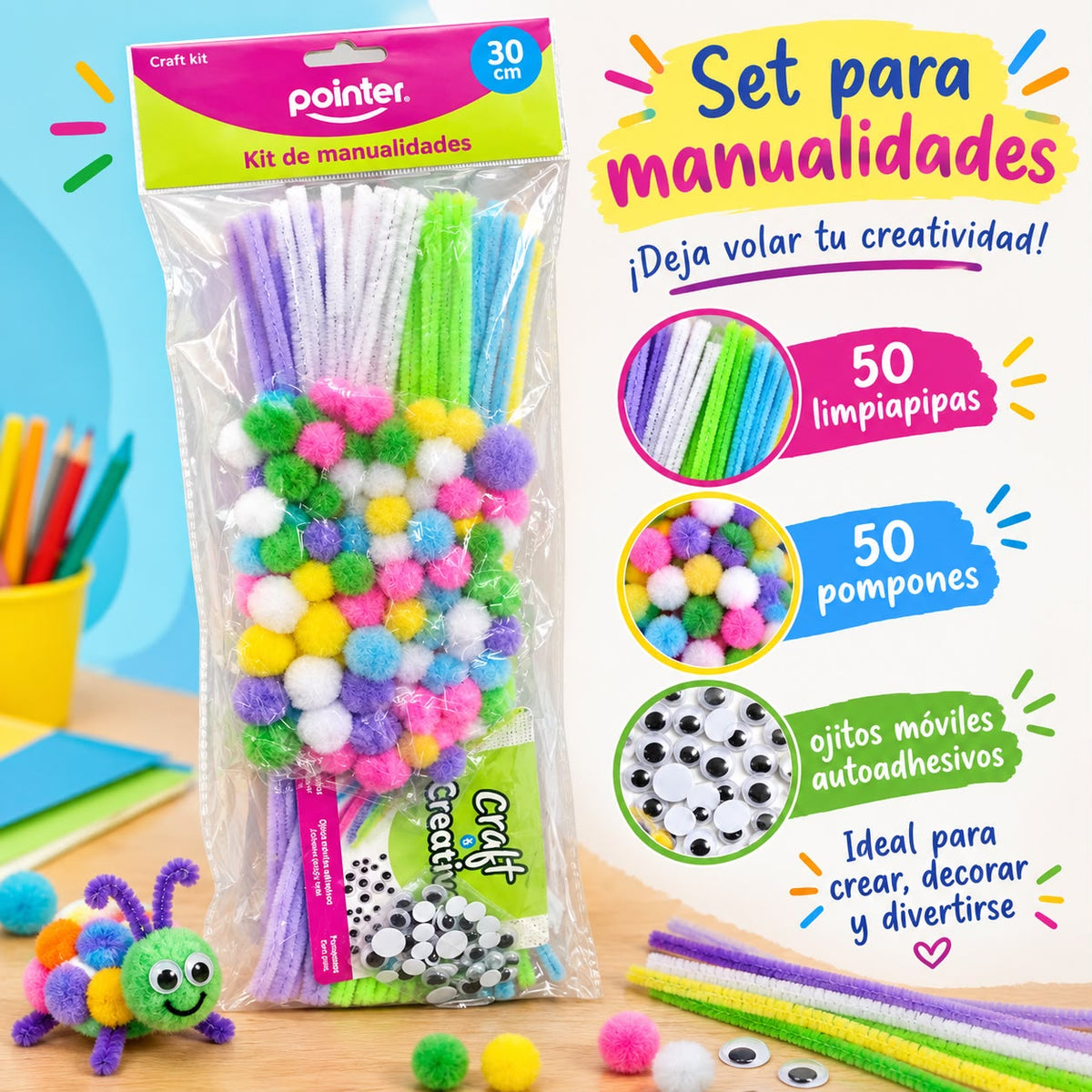 Set para Manualidades con Limpiapipas, Pompones y Ojitos autoadhesivos