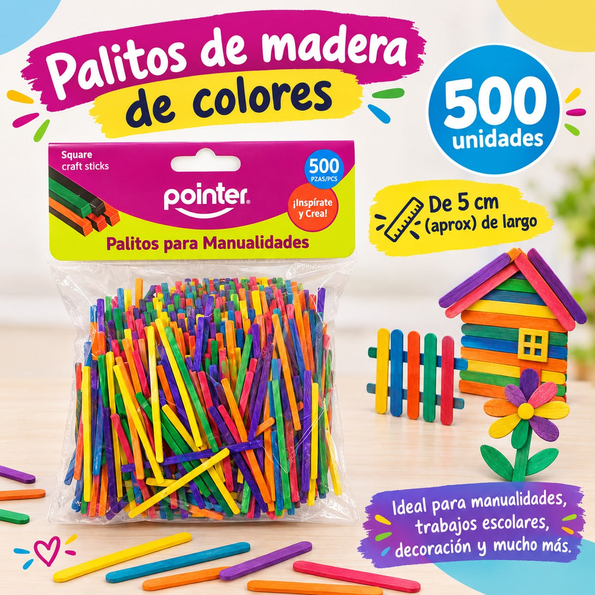 Palitos de Madera 5cm x 500, colores surtidos