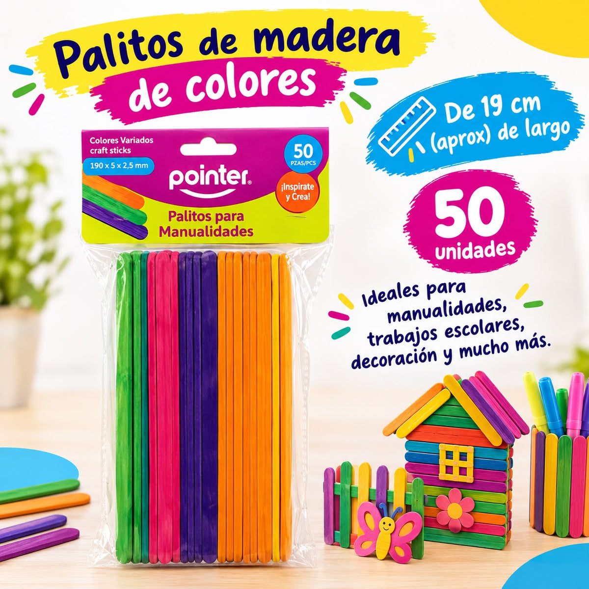 Palitos de Madera de Colores 19cm x 50 unidades