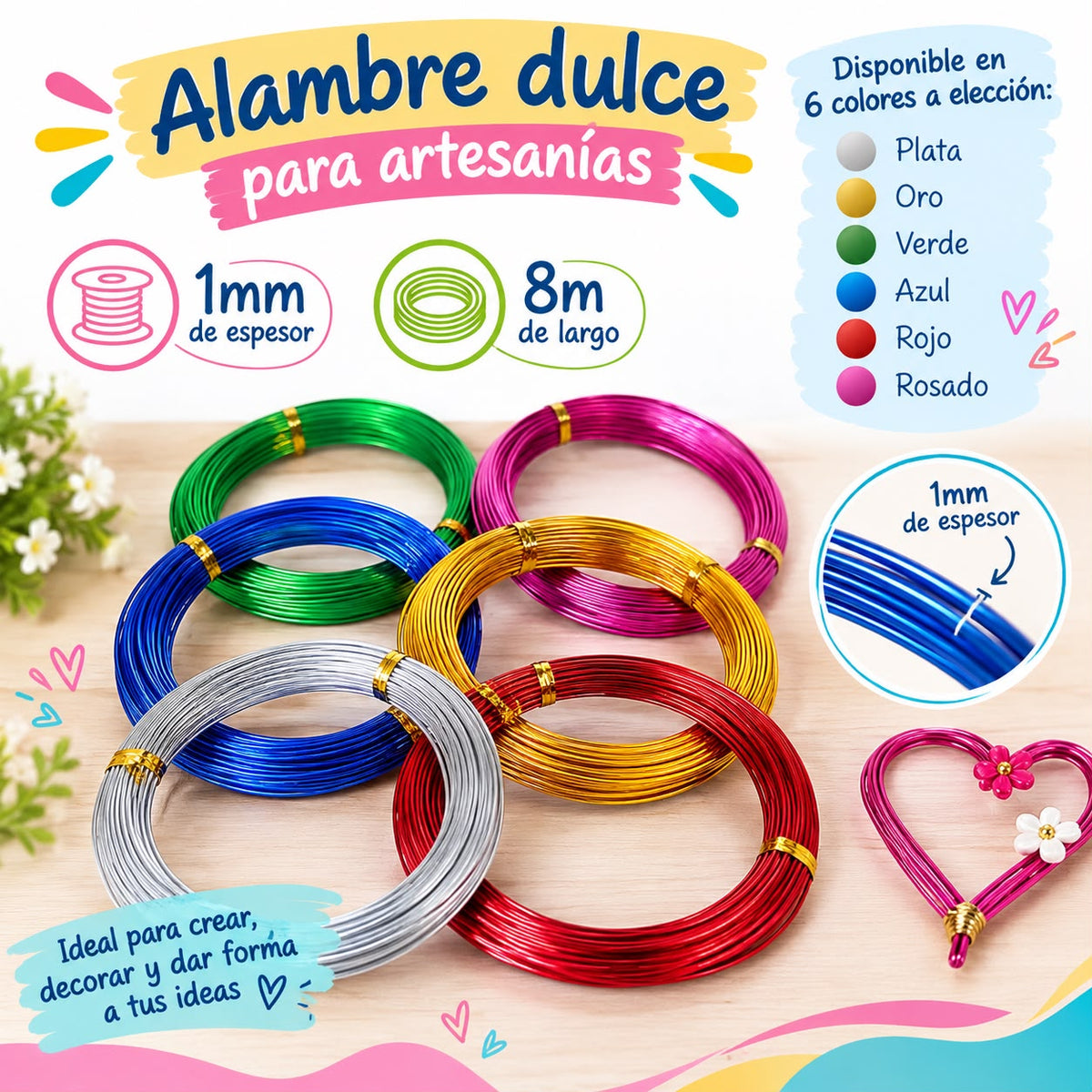 Alambre de Aluminio (alambre dulce) 1mm x 8m