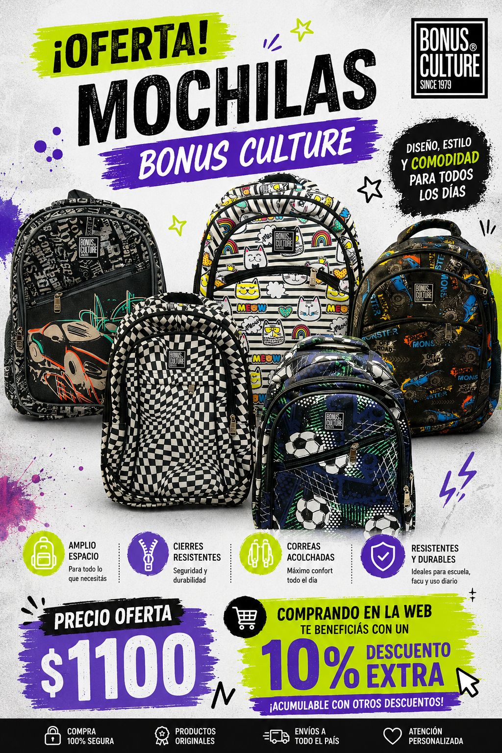 Mochila Bonus Culture 2 Reparticiones y bolsillo delantero