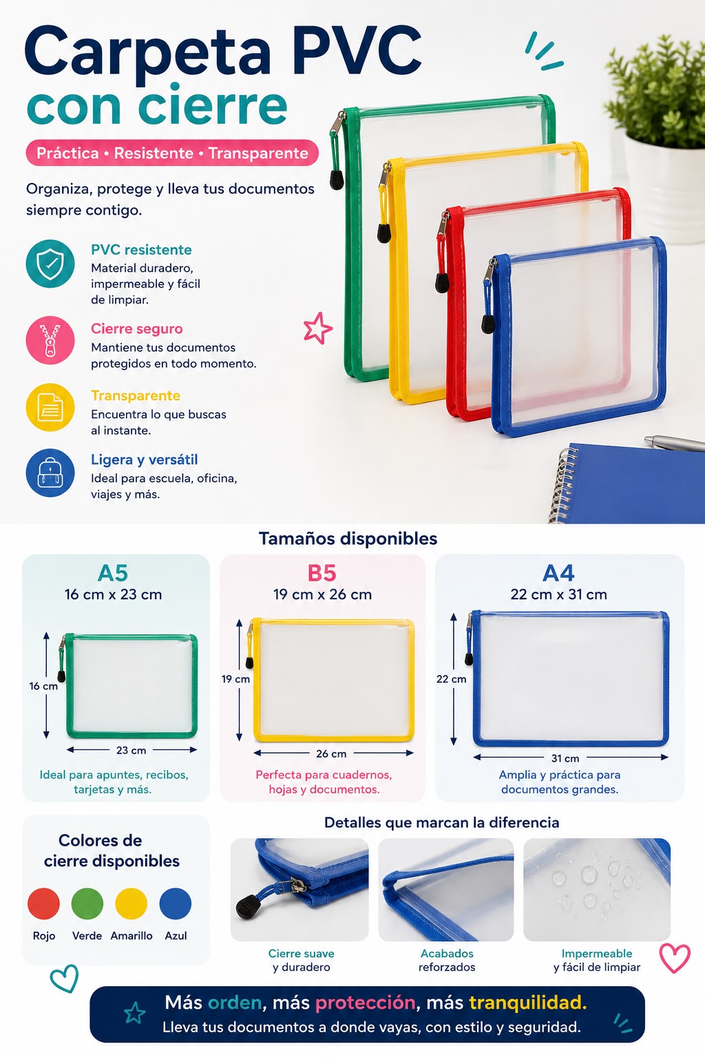 Carpeta pvc transparente con cierre A4.