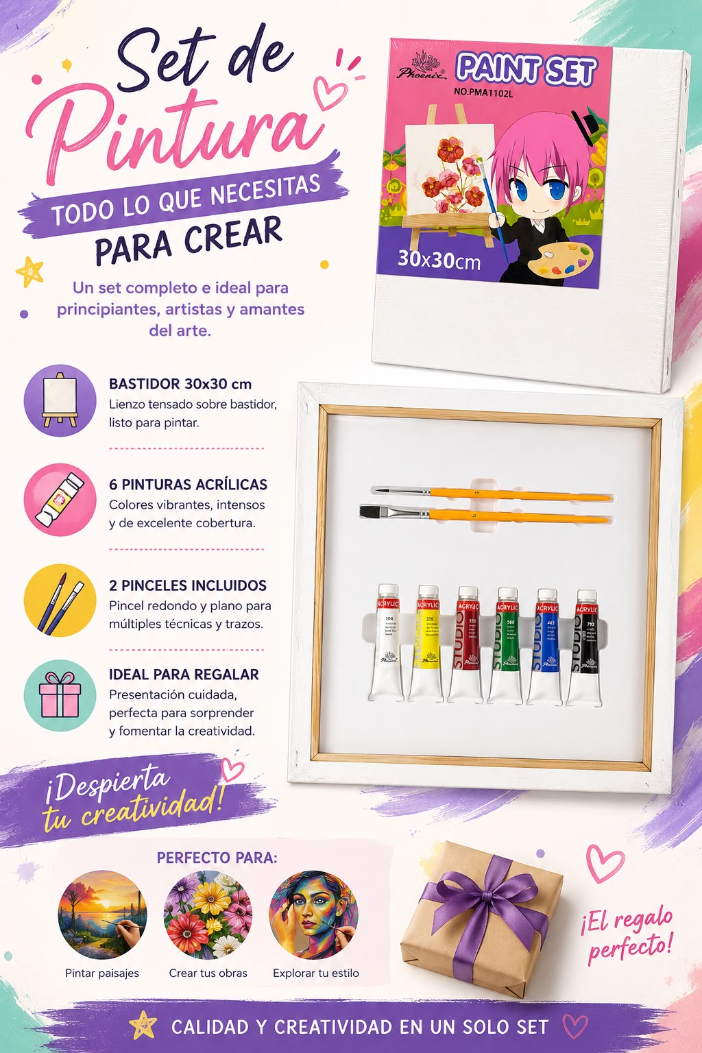 Bastidor con 6 Acrílicos y 2 Pinceles