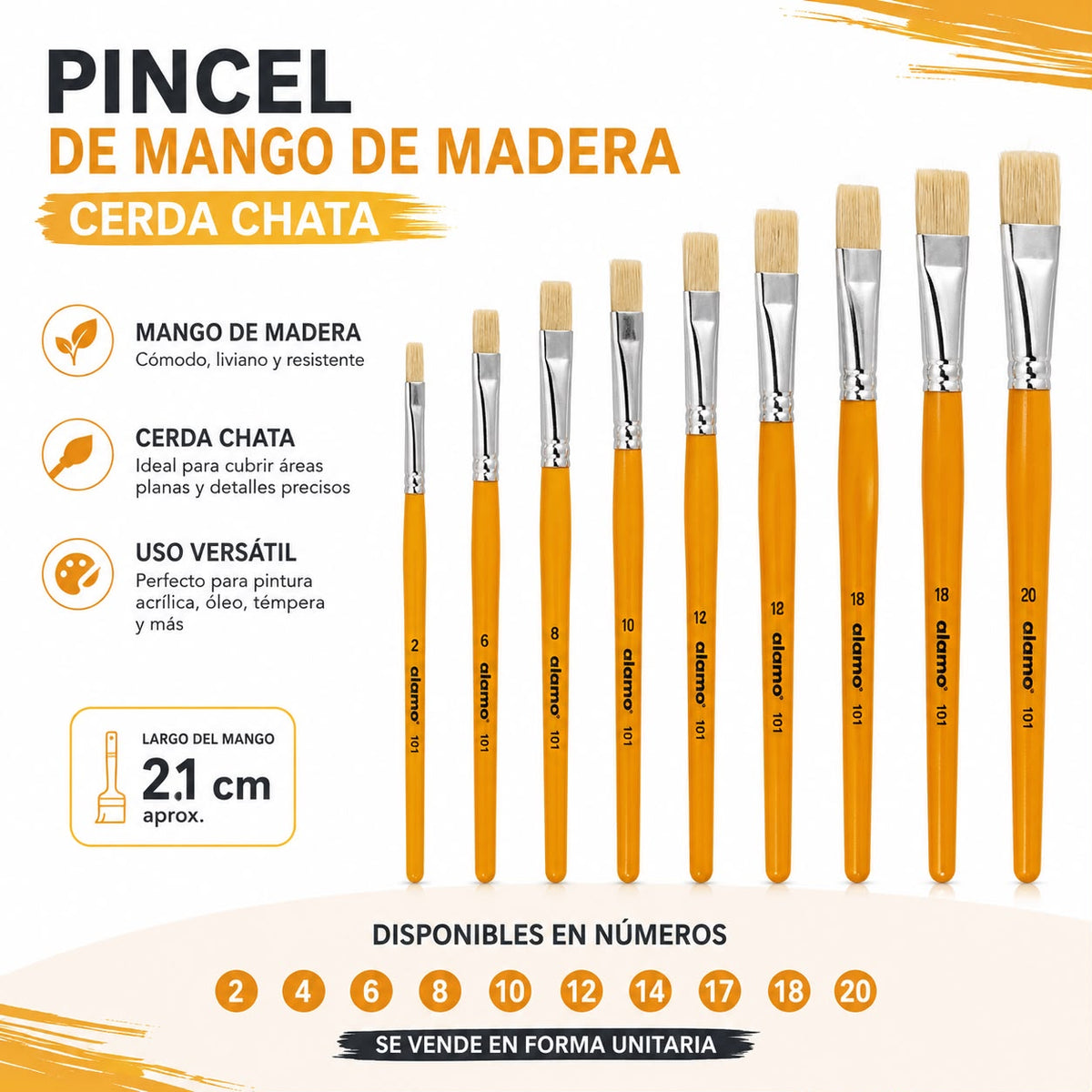 Pinceles Chatos N° 2, 4, 6, 8, 10, 12 , 14, 16, 18, 20