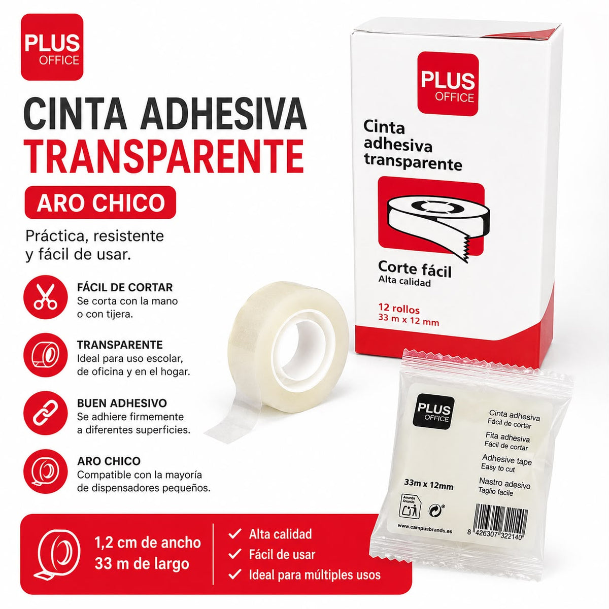Cinta adhesiva Plus Office 12mm x 33m