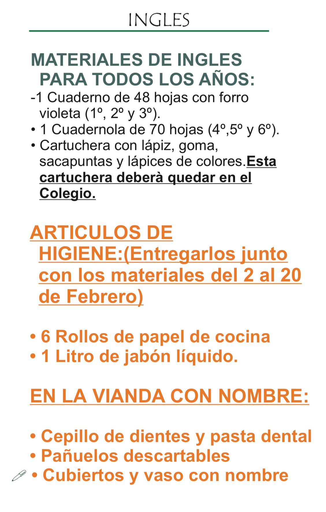 Lista de Materiales Completa para el Colegio Giratierra, Inglès e HIgiene 1º,2º y 3º Año.