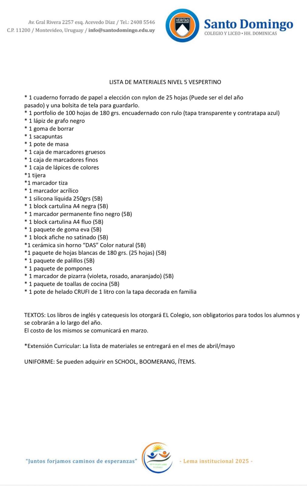 Lista de Materiales Completa para el Colegio Santo Domingo Nivel 5 Vespertino 2026