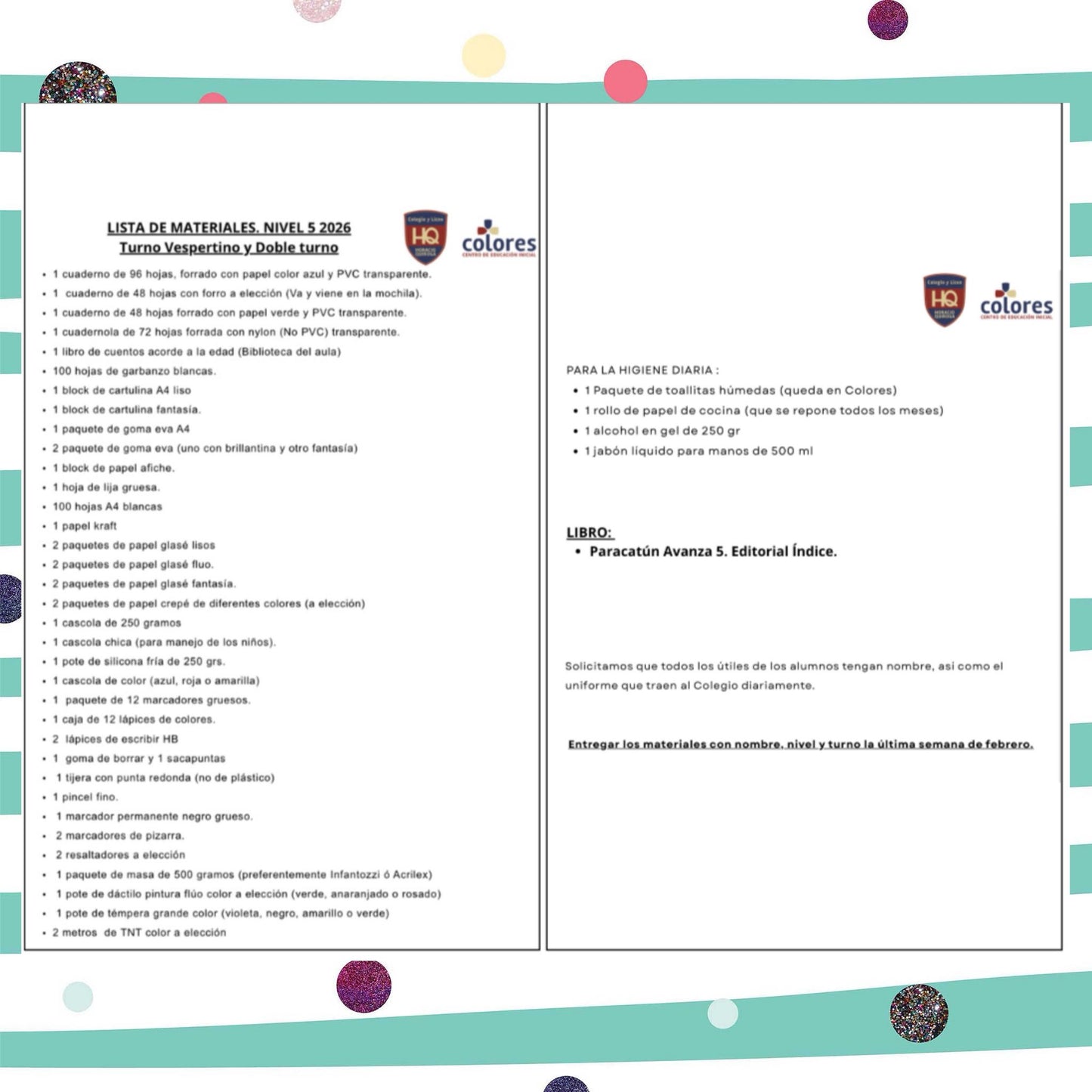 Lista Completa Colegio Horacio Quiroga Nivel 5 Español Vespertino y Doble Turno