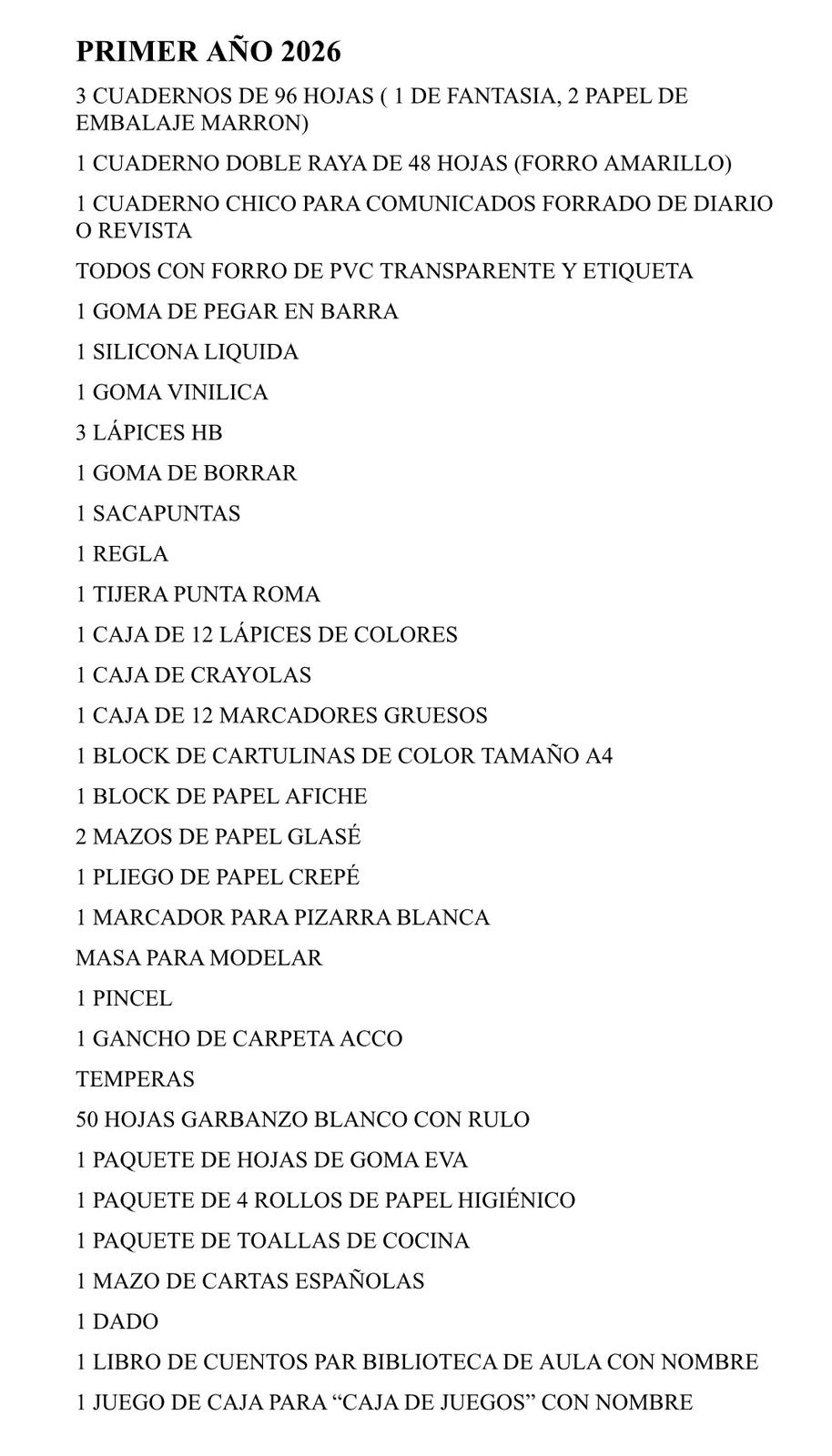 Lista Sugerida Colegio Tacconi 1º 2026