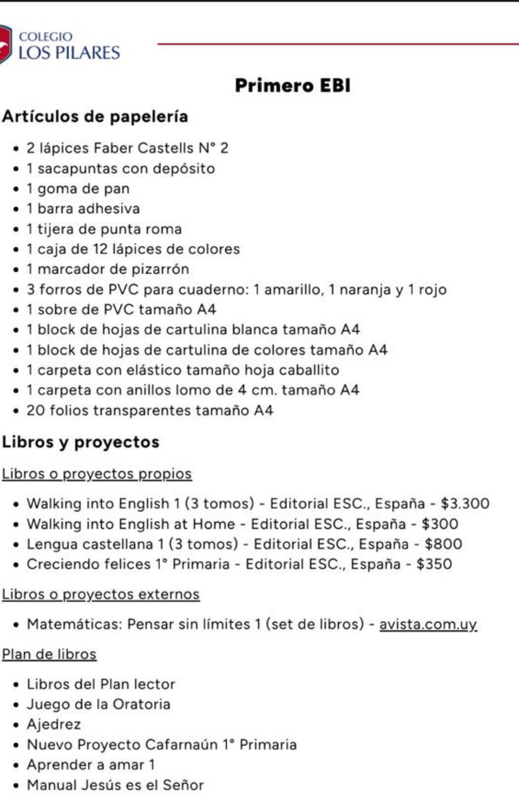 Lista de Materiales Sugerida para 1º Año Colegio Los Pilares 2026