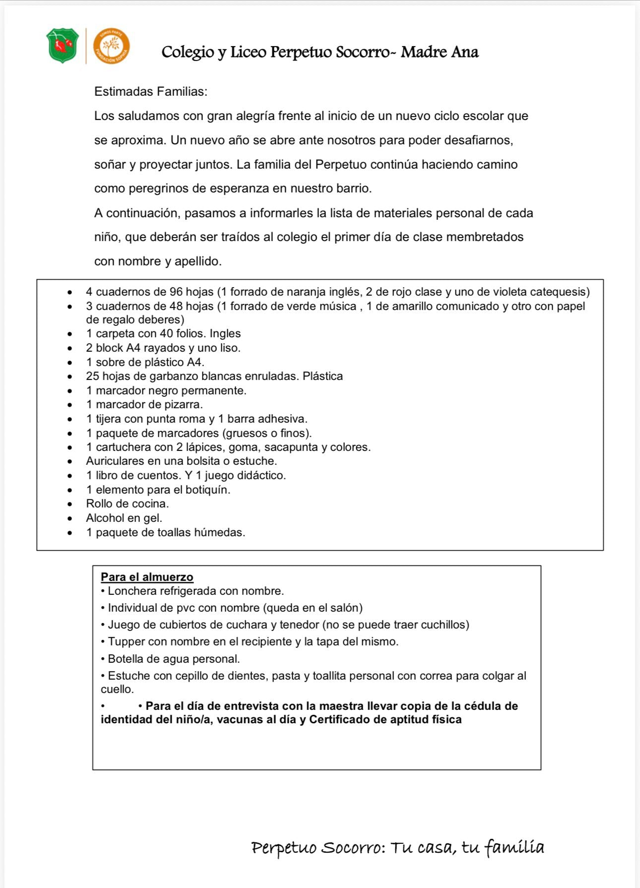 Lista de Materiales sugeridos para el Colegio Perpetuo Socorro 1º y 2ºaño 2026