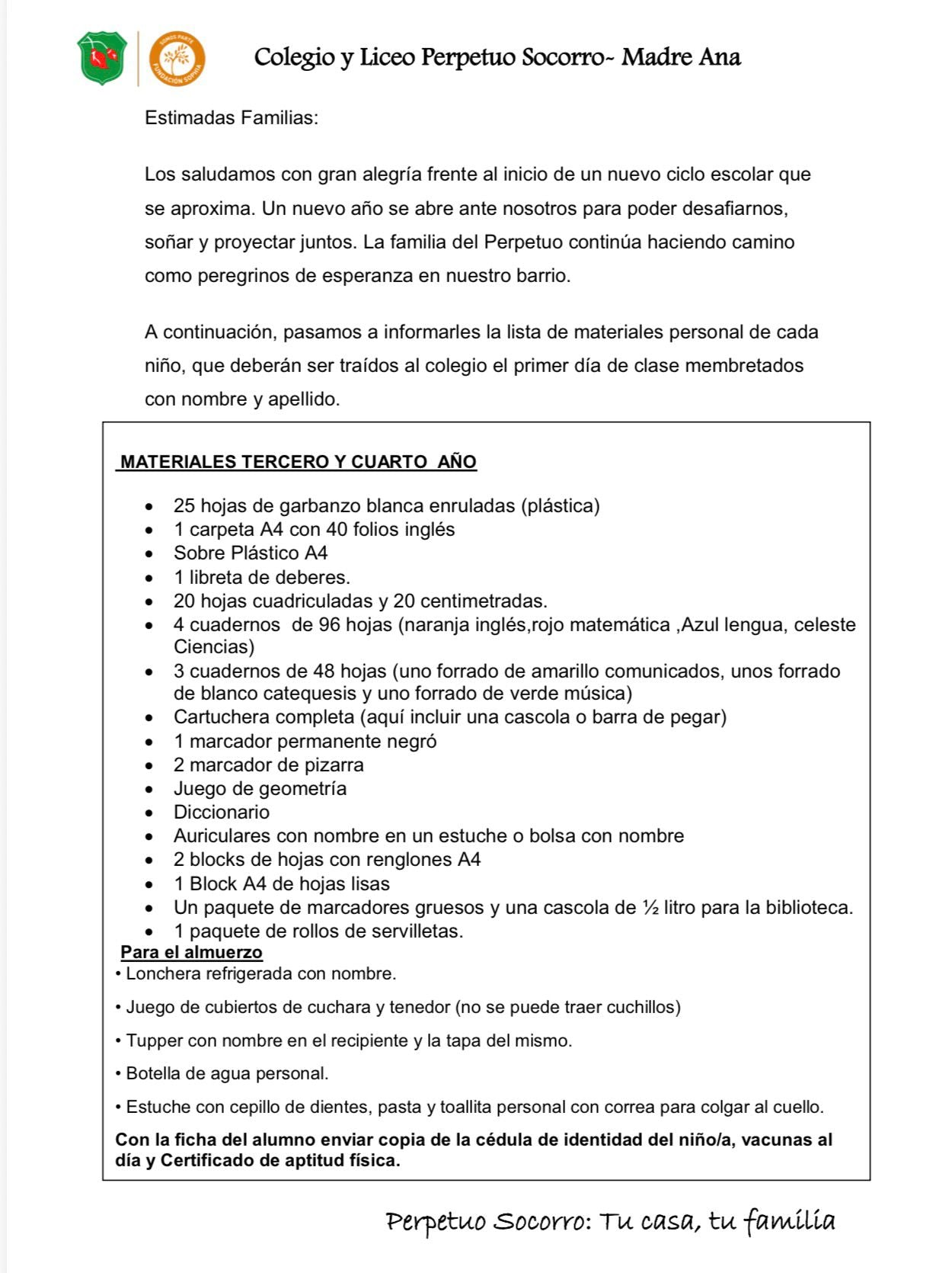 Lista de Materiales sugeridos para el Colegio Perpetuo Socorro 3º y 4ºaño 2026