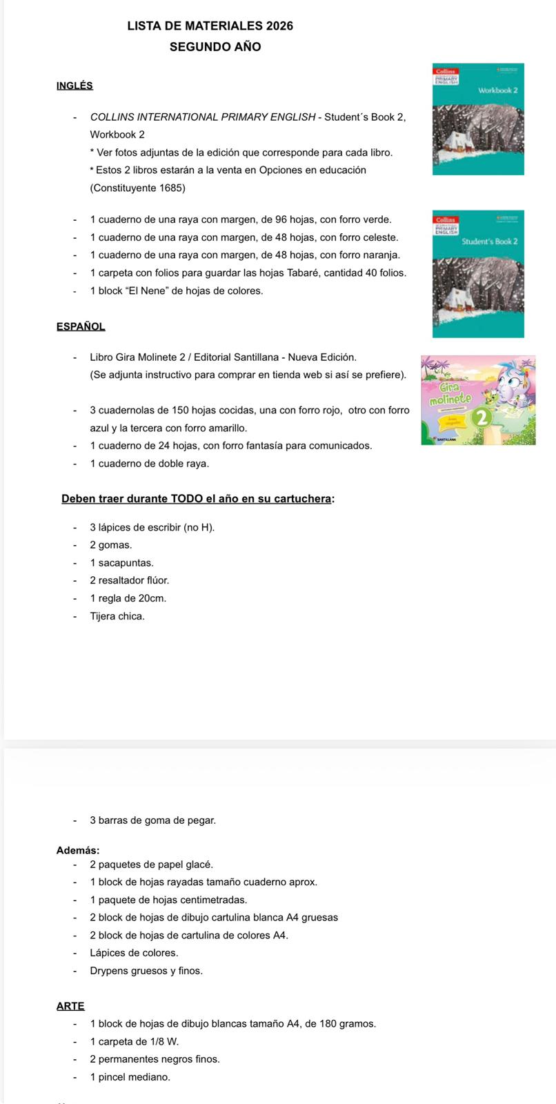 Lista Sugerida Colegio Ivy Thomas Horneros 2º año 2026