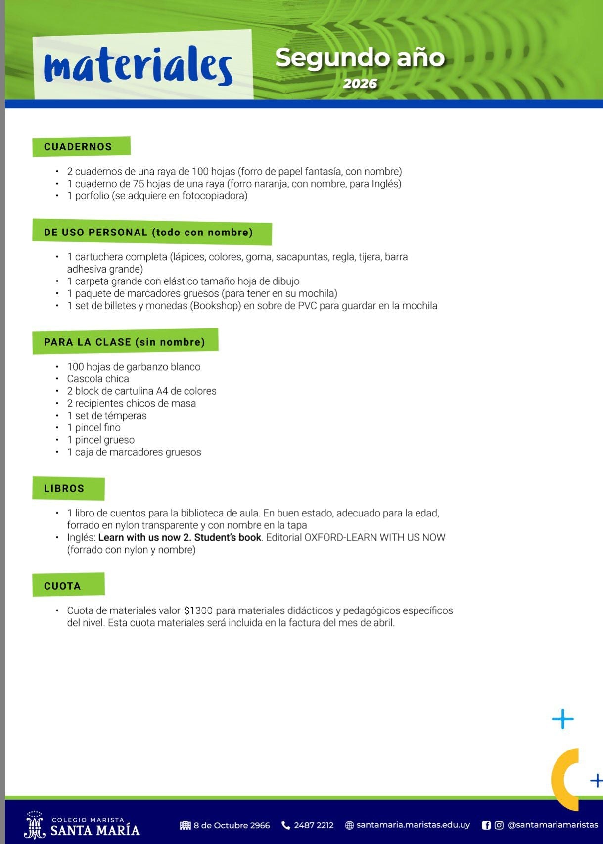 Lista Sugerida Colegio Maristas 2º año 2026