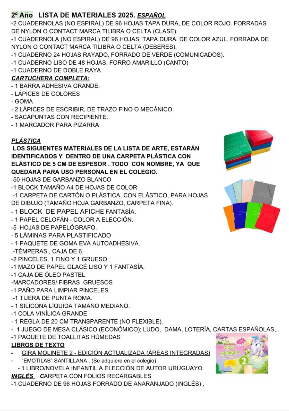 Lista de Materiales sugeridos para el Colegio Maldonado 2º 2026