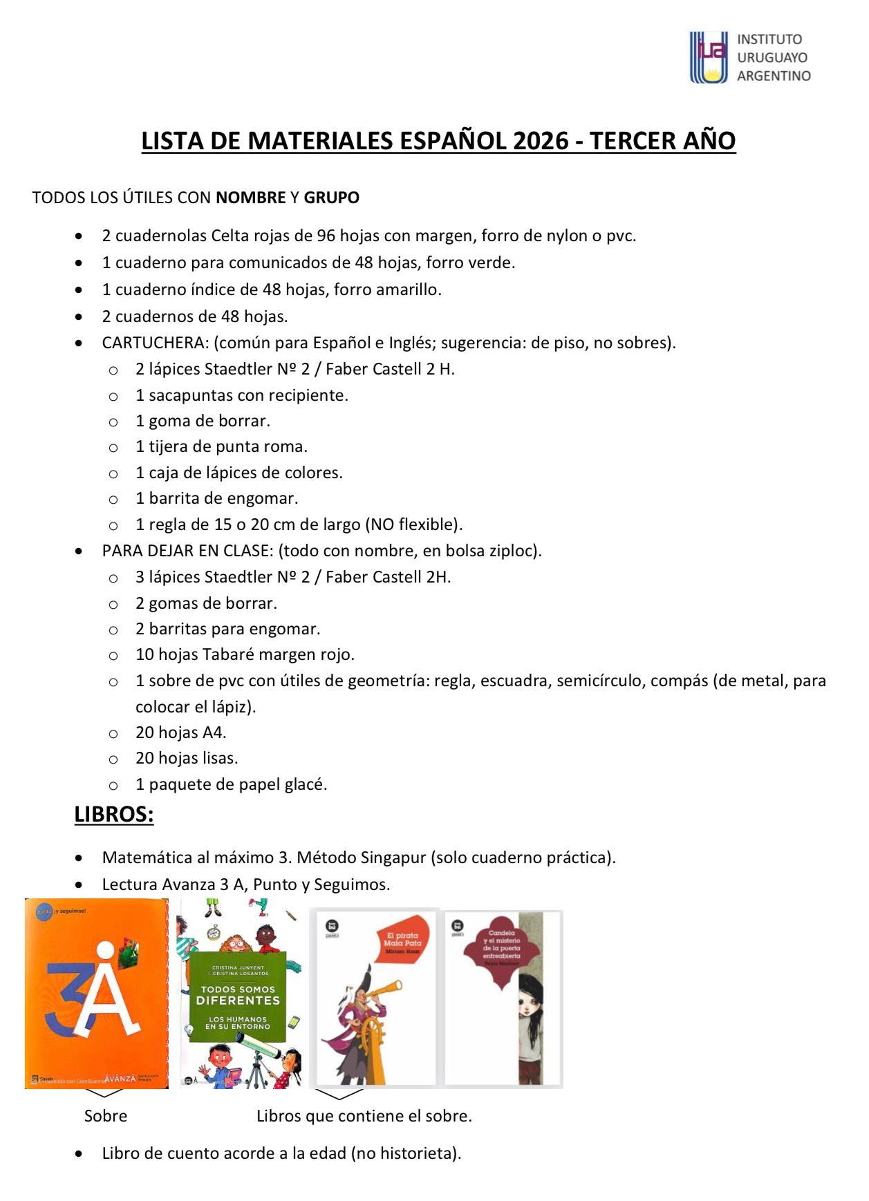 Lista Sugerida Colegio IUA 3º Español e Inglés 2026
