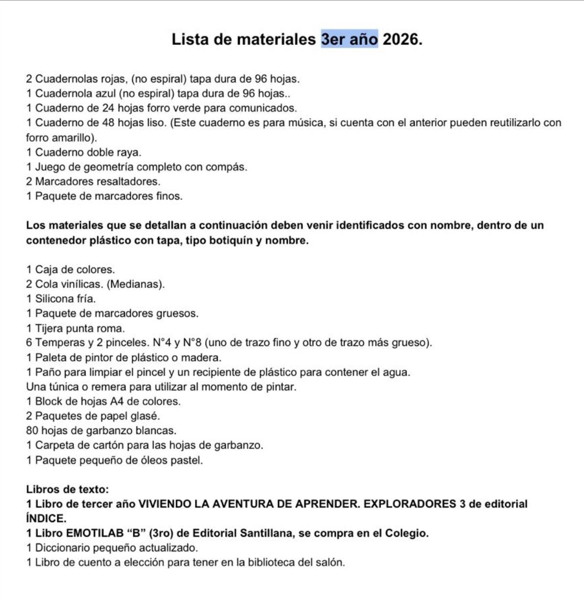 Lista de Materiales sugeridos para el Colegio Maldonado 3º 2026