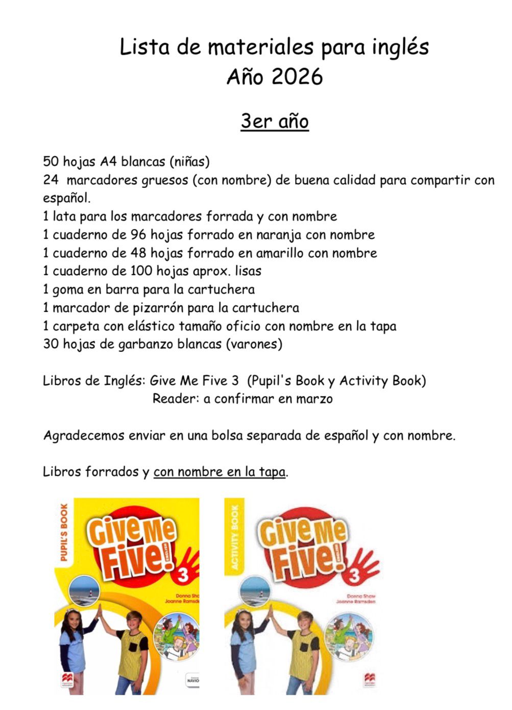 Lista Sugerida Colegio Lagomar 3º Inglés 2026