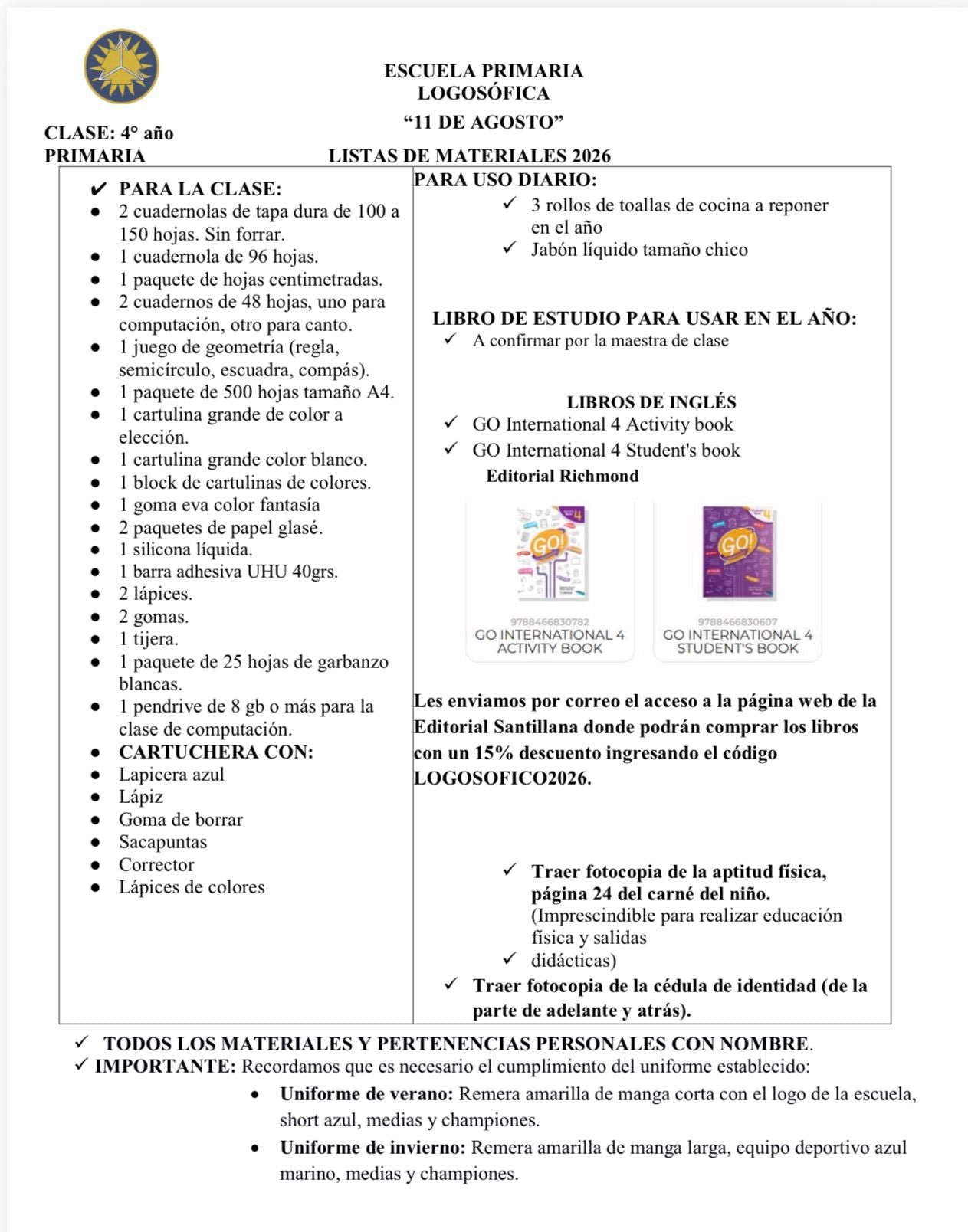 Lista Sugerida Escuela Logosófica 4º año 2026