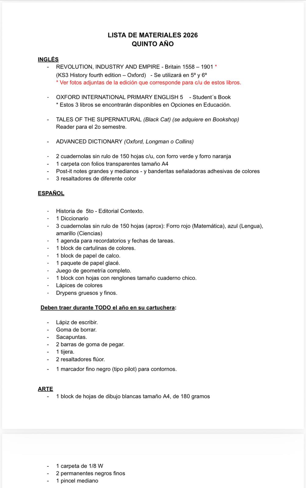 Lista Sugerida Colegio Ivy Thomas Horneros 5º año 2026