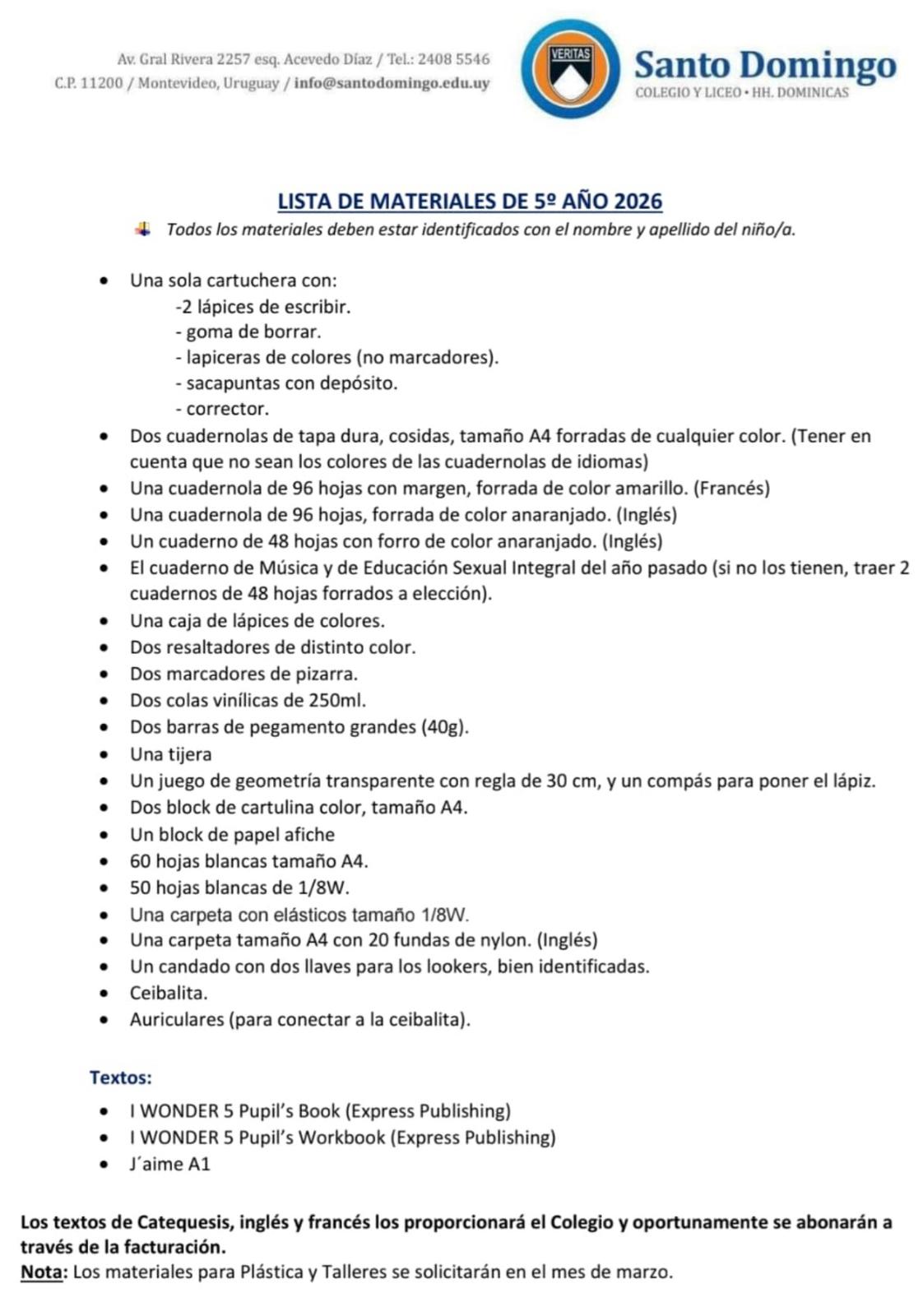 Lista Sugerida Colegio Santo Domingo 5º año 2026